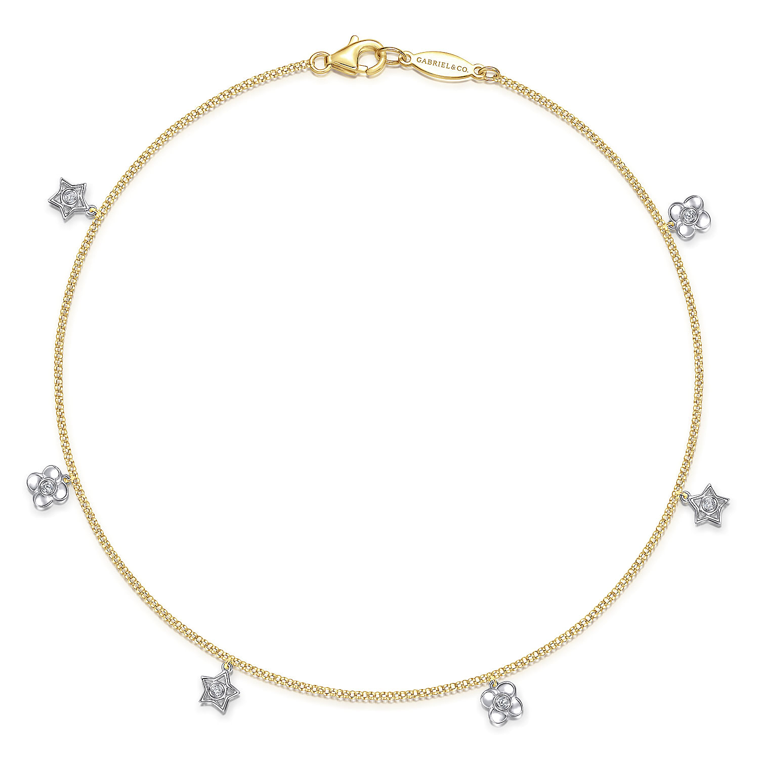 Gabriel - 14K Yellow Gold Chain Ankle Bracelet with White Gold Diamond Flower and Star Charms