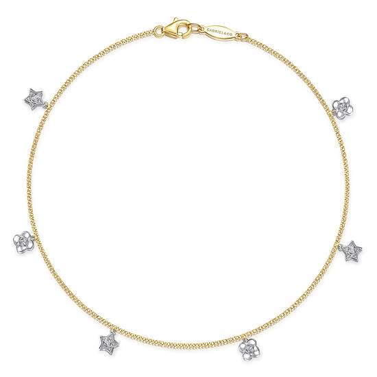 Gabriel - 14K Yellow Gold Chain Ankle Bracelet with White Gold Diamond Flower and Star Charms