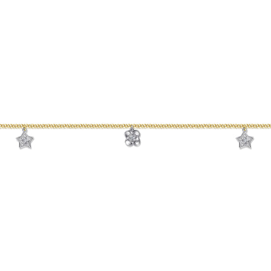 14K Yellow Gold Chain Ankle Bracelet with White Gold Diamond Flower and Star Charms angle 2