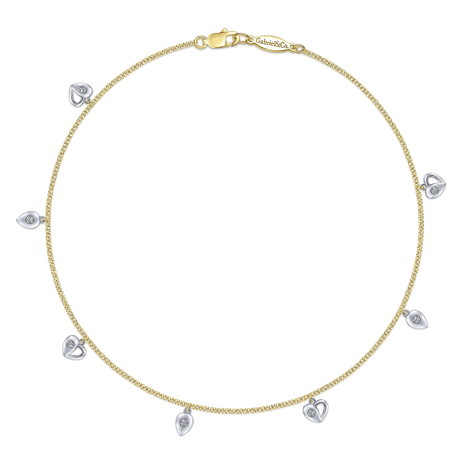 14K Yellow Gold Chain Ankle Bracelet with White Gold Diamond Heart and Teardrop Charms