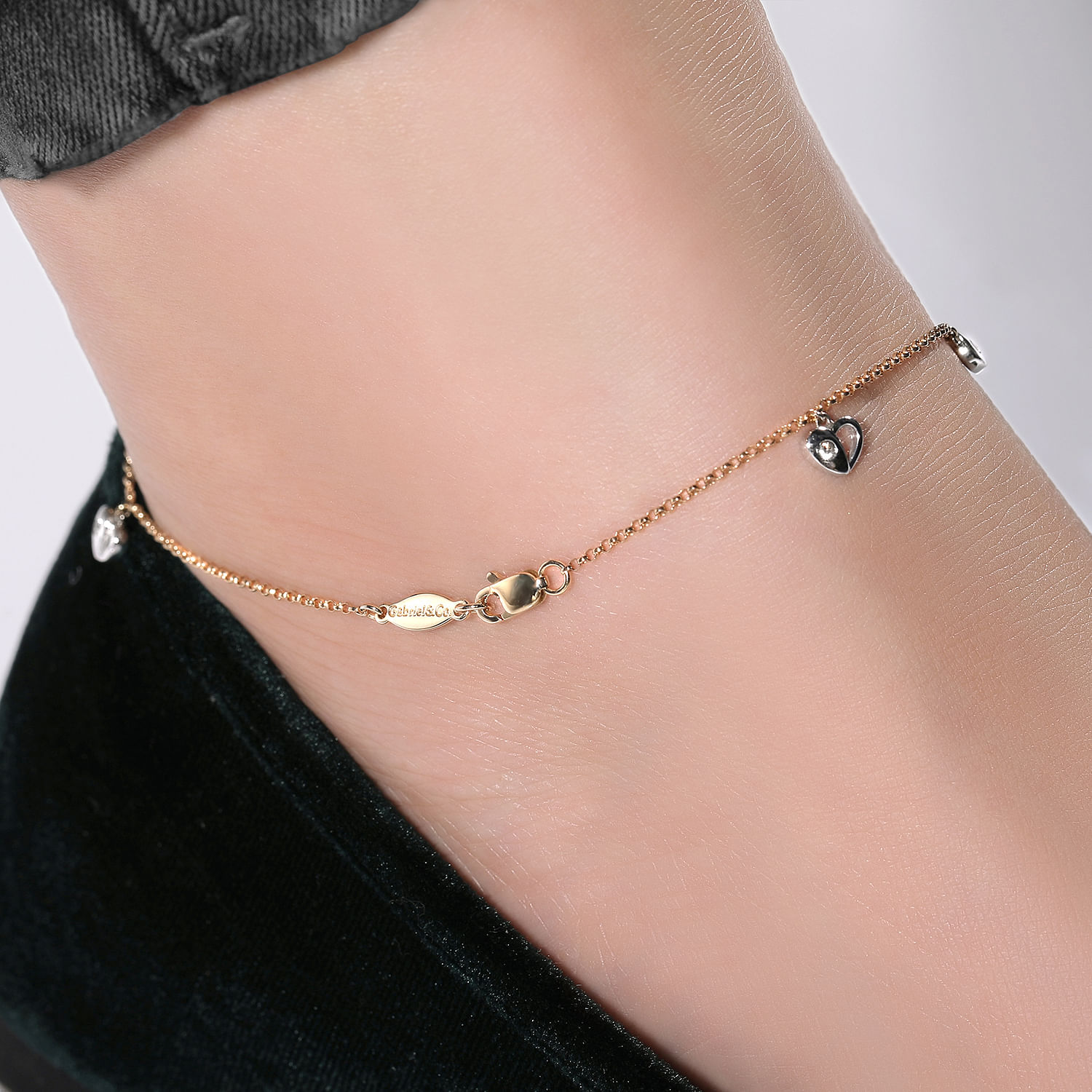 14K Yellow Gold Chain Ankle Bracelet with White Gold Diamond Heart and Teardrop Charms