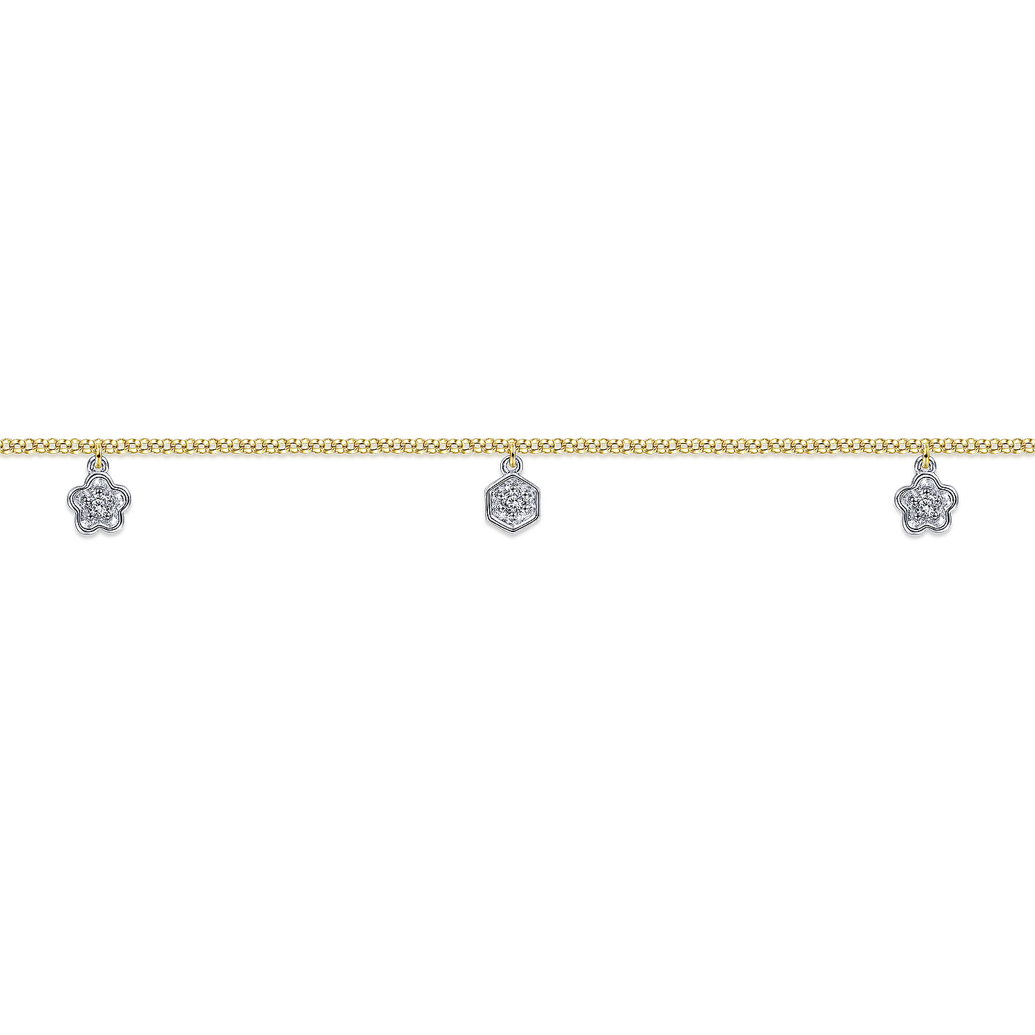14K Yellow Gold Chain Ankle Bracelet with White Gold Diamond Hexagon and Flower Charms