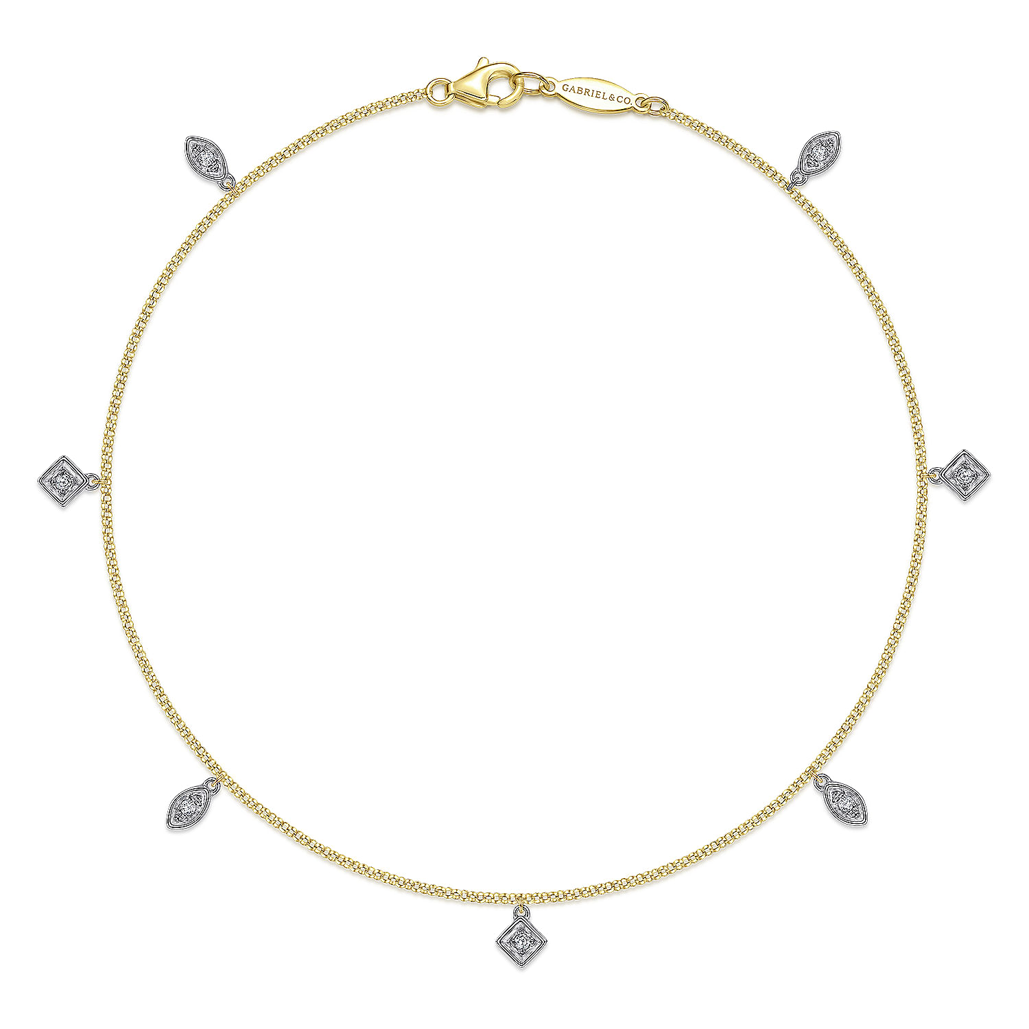 Gabriel - 14K Yellow Gold Chain Ankle Bracelet with White Gold Diamond Leaf and Square Charms