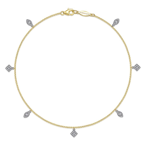 14K Yellow Gold Chain Ankle Bracelet with White Gold Diamond Leaf and Square Charms