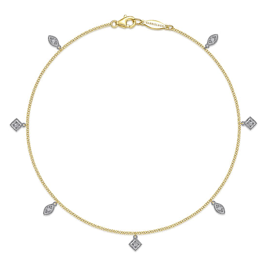 Gabriel - 14K Yellow Gold Chain Ankle Bracelet with White Gold Diamond Leaf and Square Charms