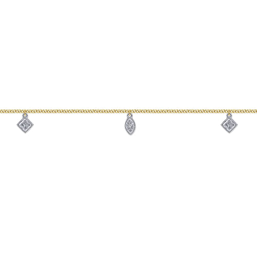 14K Yellow Gold Chain Ankle Bracelet with White Gold Diamond Leaf and Square Charms