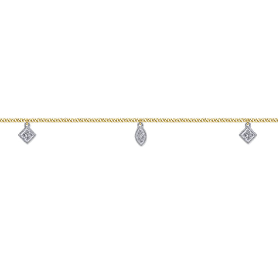 14K Yellow Gold Chain Ankle Bracelet with White Gold Diamond Leaf and Square Charms angle 2