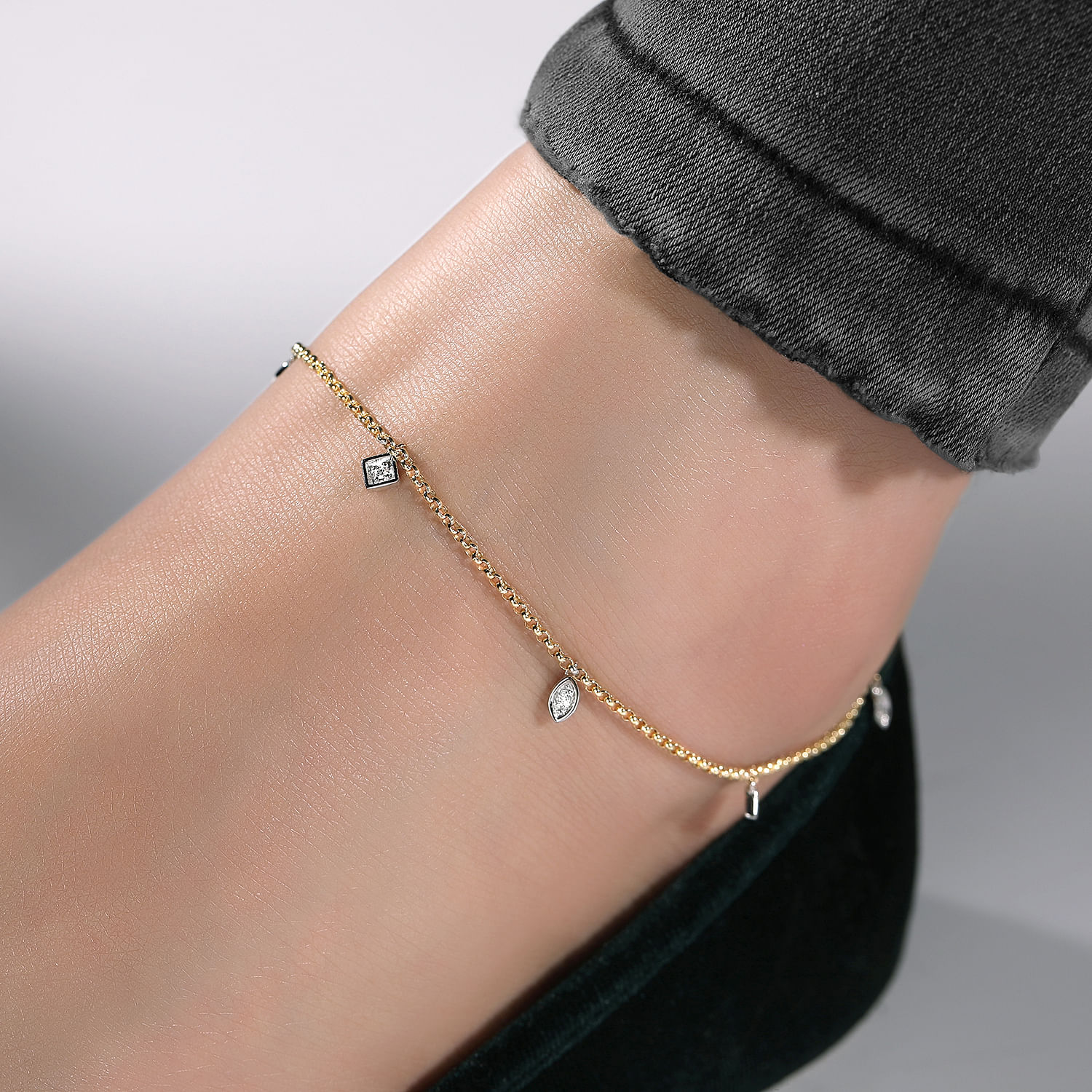 14K Yellow Gold Chain Ankle Bracelet with White Gold Diamond Leaf and Square Charms