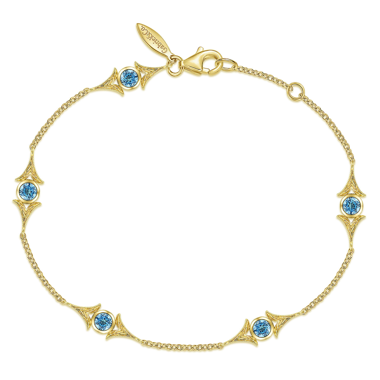 14K Yellow Gold Chain Bracelet with Blue Topaz Triangle Stations