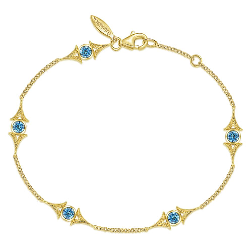 14K Yellow Gold Chain Bracelet with Blue Topaz Triangle Stations