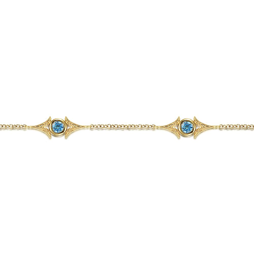 14K Yellow Gold Chain Bracelet with Blue Topaz Triangle Stations