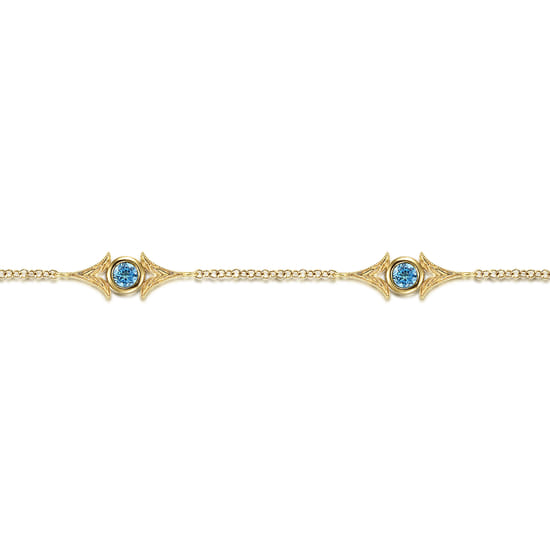 14K Yellow Gold Chain Bracelet with Blue Topaz Triangle Stations angle 2