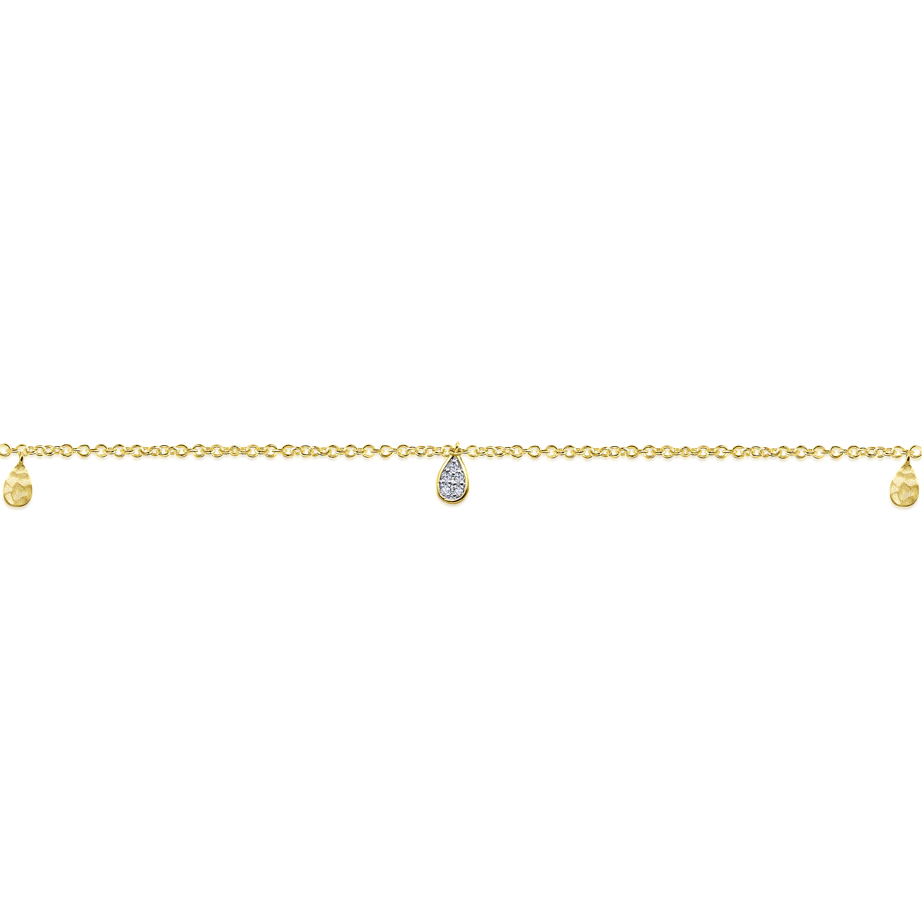 14K Yellow Gold Chain Bracelet with Hammered and Diamond Teardrops