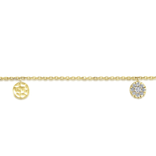 14K Yellow Gold Chain Bracelet with Hammered and Pavé Diamond Discs angle 2