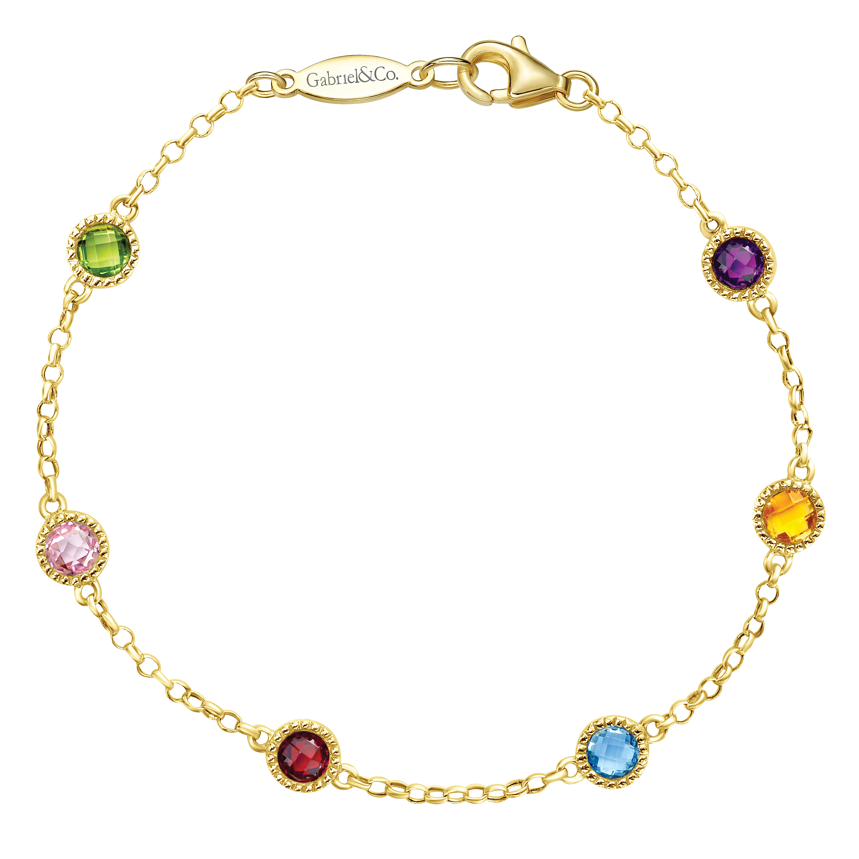 14K Yellow Gold Chain Bracelet with Multi Color Stone Stations