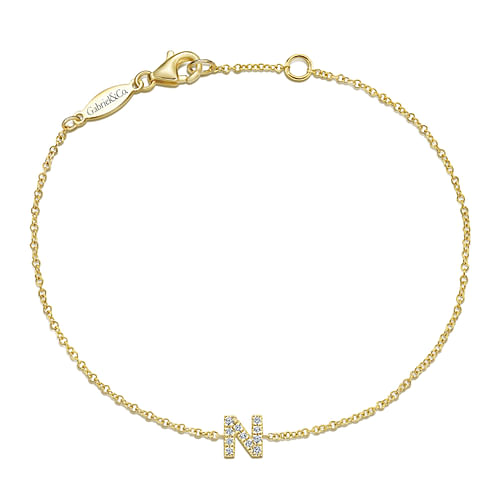 14K Yellow Gold Chain Bracelet with N Diamond Initial