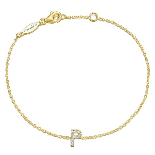 14K Yellow Gold Chain Bracelet with P Diamond Initial