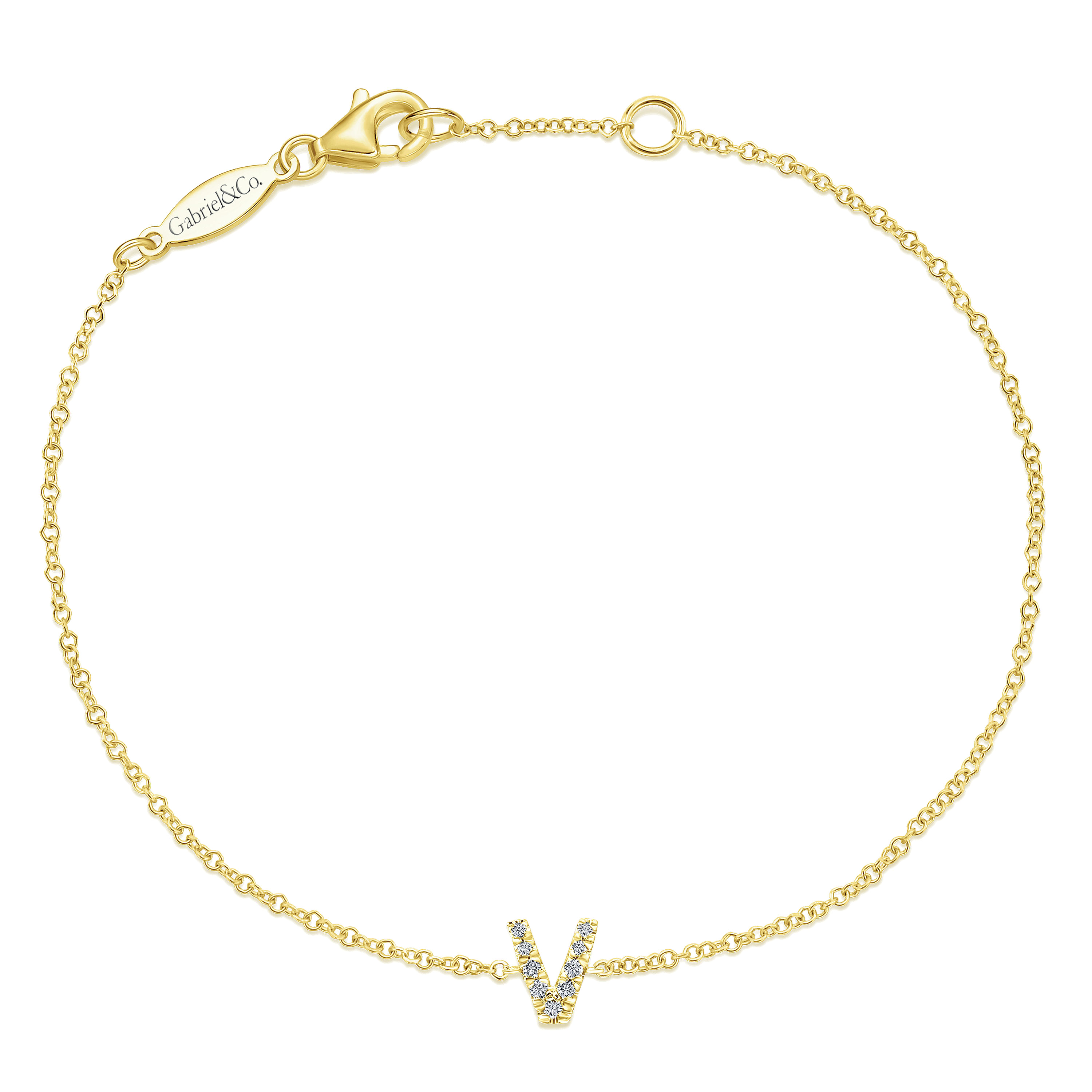 14K Yellow Gold Chain Bracelet with V Diamond Initial