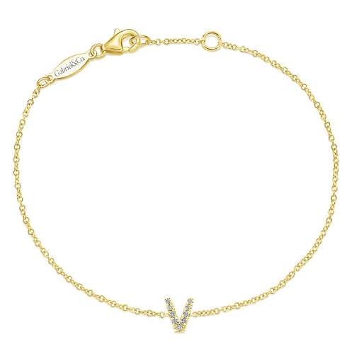 14K Yellow Gold Chain Bracelet with V Diamond Initial