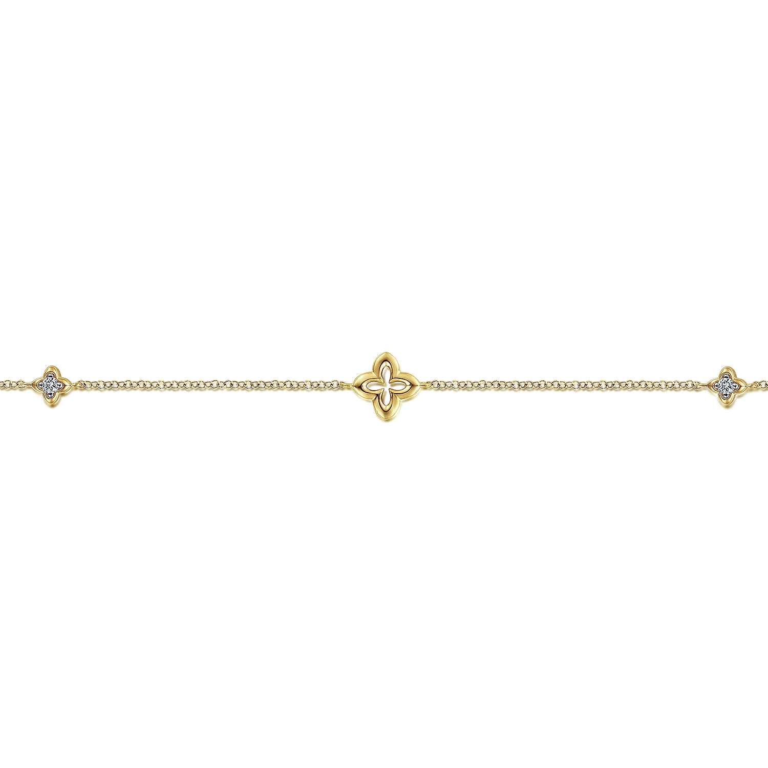14K Yellow Gold Chain Bracelet with White Sapphire Clover Stations