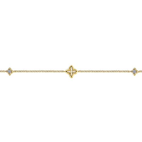 14K Yellow Gold Chain Bracelet with White Sapphire Clover Stations