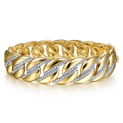 14K Yellow Gold Chain Link Bangle with Diamond Pavé Stations