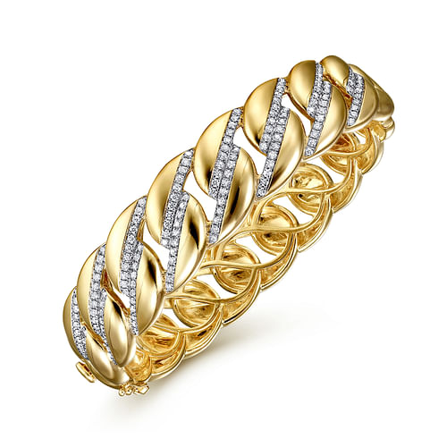 14K Yellow Gold Chain Link Bangle with Diamond Pavé Stations