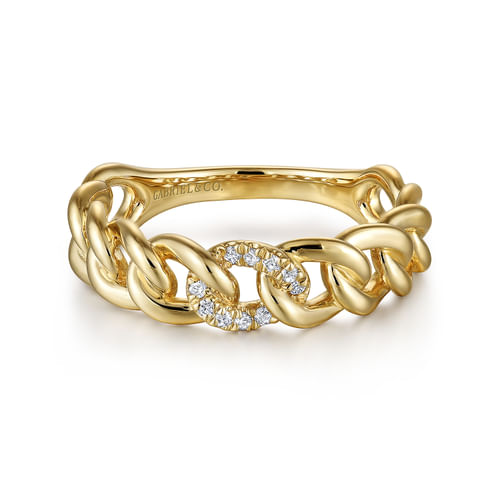 14K Yellow Gold Chain Link Ring Band with Pavé Diamond Station