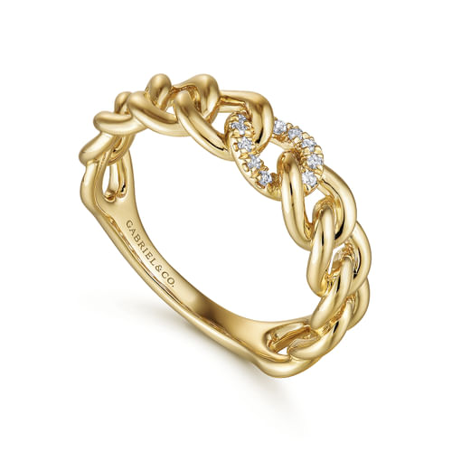 14K Yellow Gold Chain Link Ring Band with Pavé Diamond Station