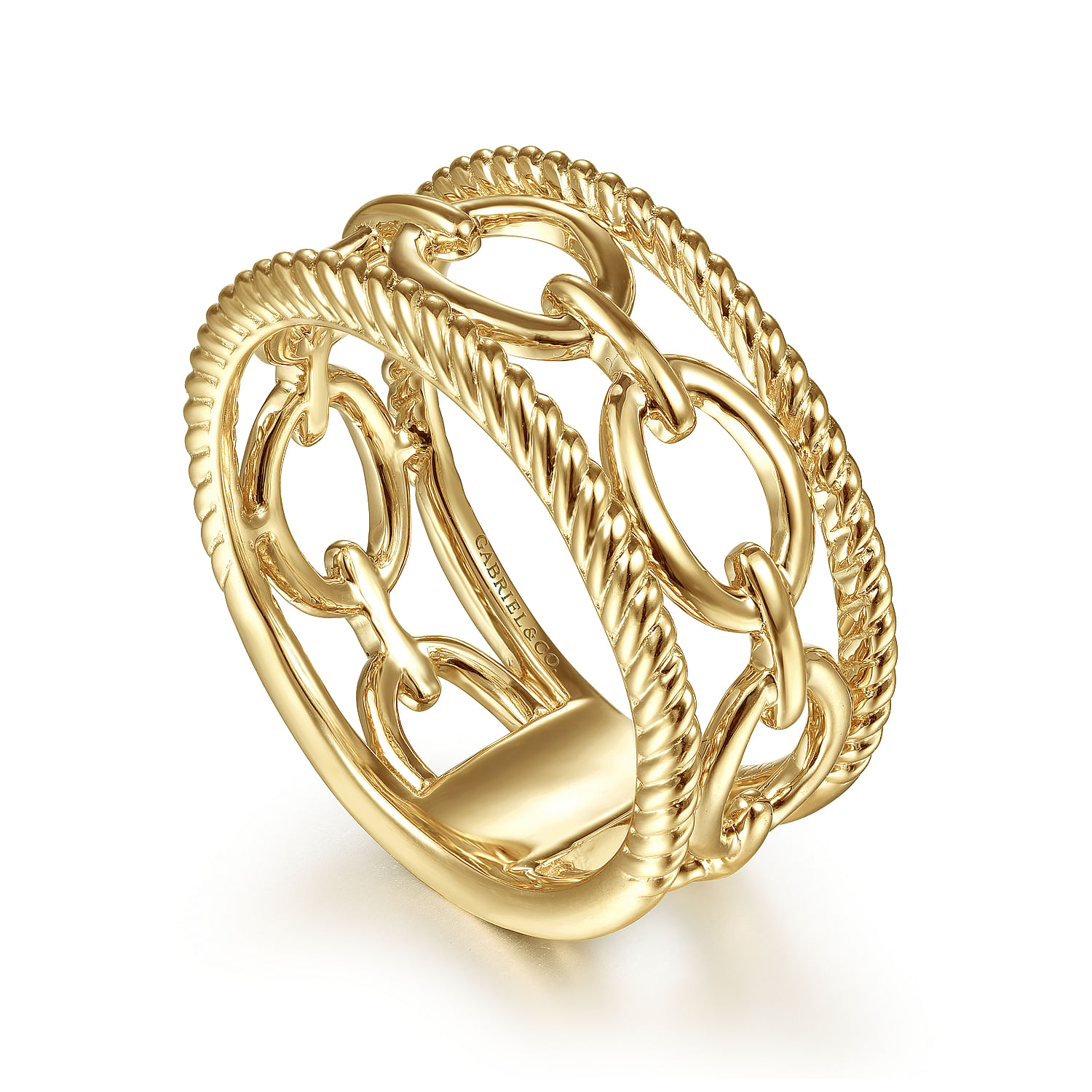 14K Yellow Gold Chain Link Ring with Twisted Rope Frame