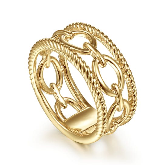 14K Yellow Gold Chain Link Ring with Twisted Rope Frame angle 3