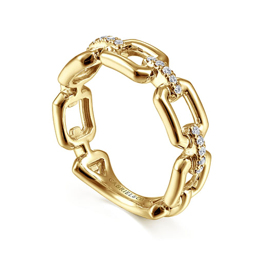 14K Yellow Gold Chain Link Stackable Ring Band with Diamond Connectors