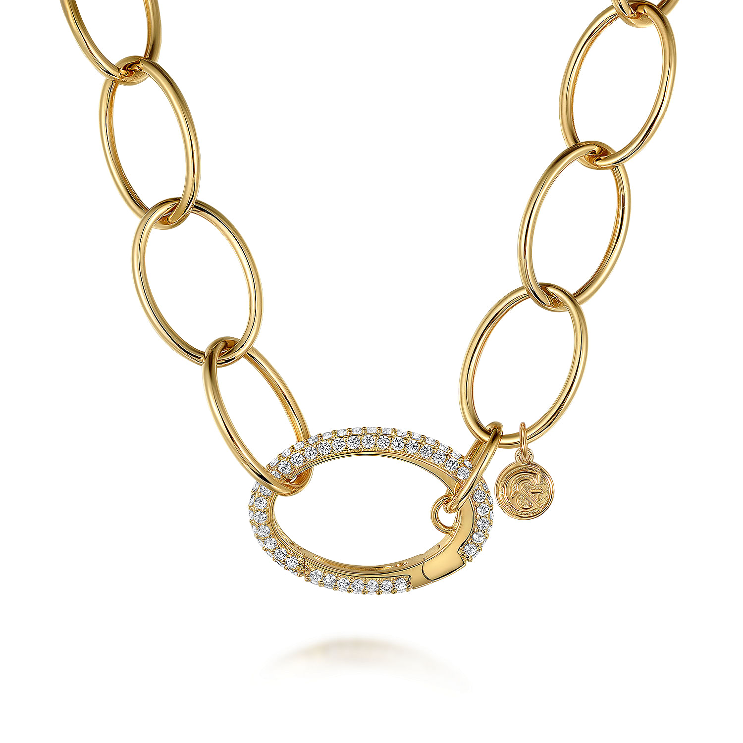 14K Yellow Gold Chain Necklace with Diamond Oval Pendant