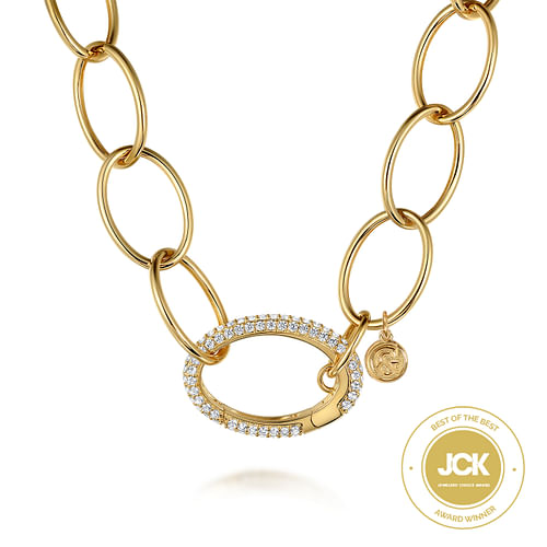 14K Yellow Gold Chain Necklace with Diamond Oval Pendant