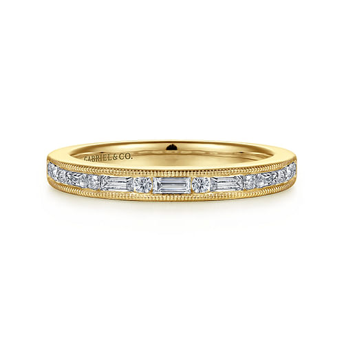 14K Yellow Gold Channel Set Baguette and Round Diamond Anniversary Band