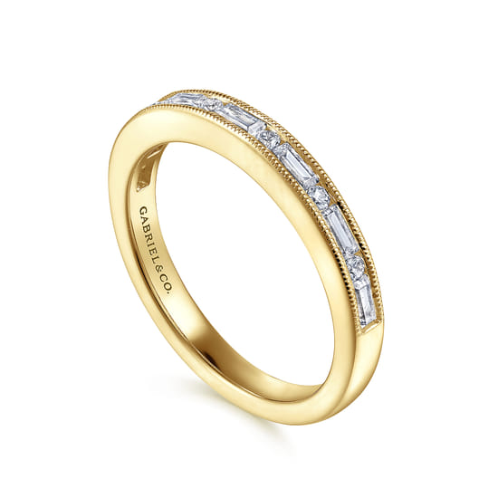 14K Yellow Gold Channel Set Baguette and Round Diamond Anniversary Band angle 3