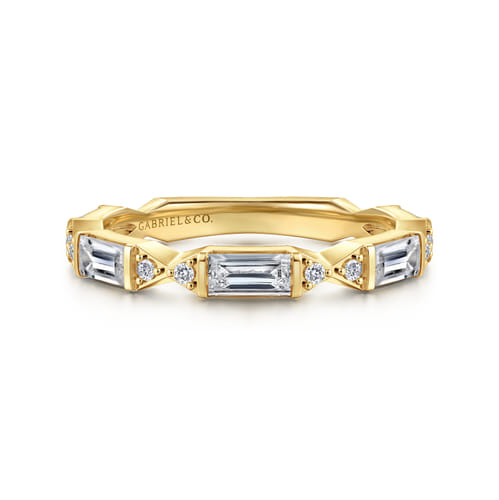 14K Yellow Gold Channel Set Baguette and Round Diamond Anniversary Band