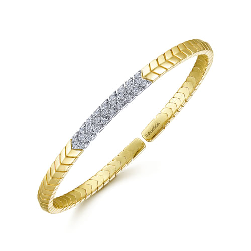 14K Yellow Gold Chevron Cuff Bracelet with White Gold Diamond Pavé Station

