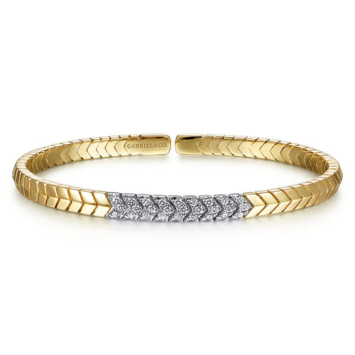 14K Yellow Gold Chevron Cuff Bracelet with White Gold Diamond Pavé Station