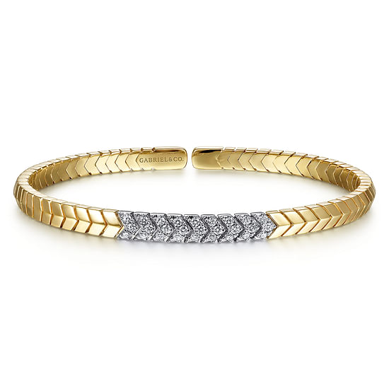 Gabriel - 14K Yellow Gold Chevron Cuff Bracelet with White Gold Diamond Pavé Station