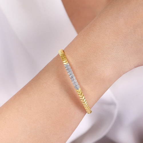 14K Yellow Gold Chevron Cuff Bracelet with White Gold Diamond Pavé Station