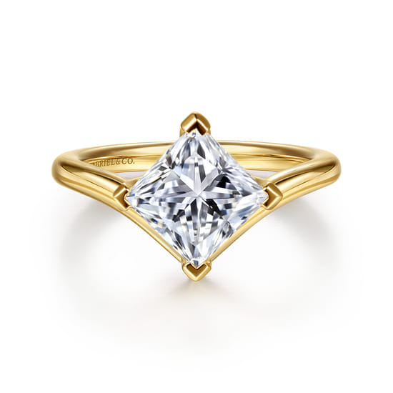 14K Yellow Gold Chevron Princess Cut Diamond Engagement Ring
