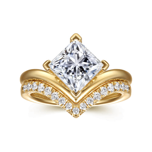 14K Yellow Gold Chevron Princess Cut Diamond Engagement Ring