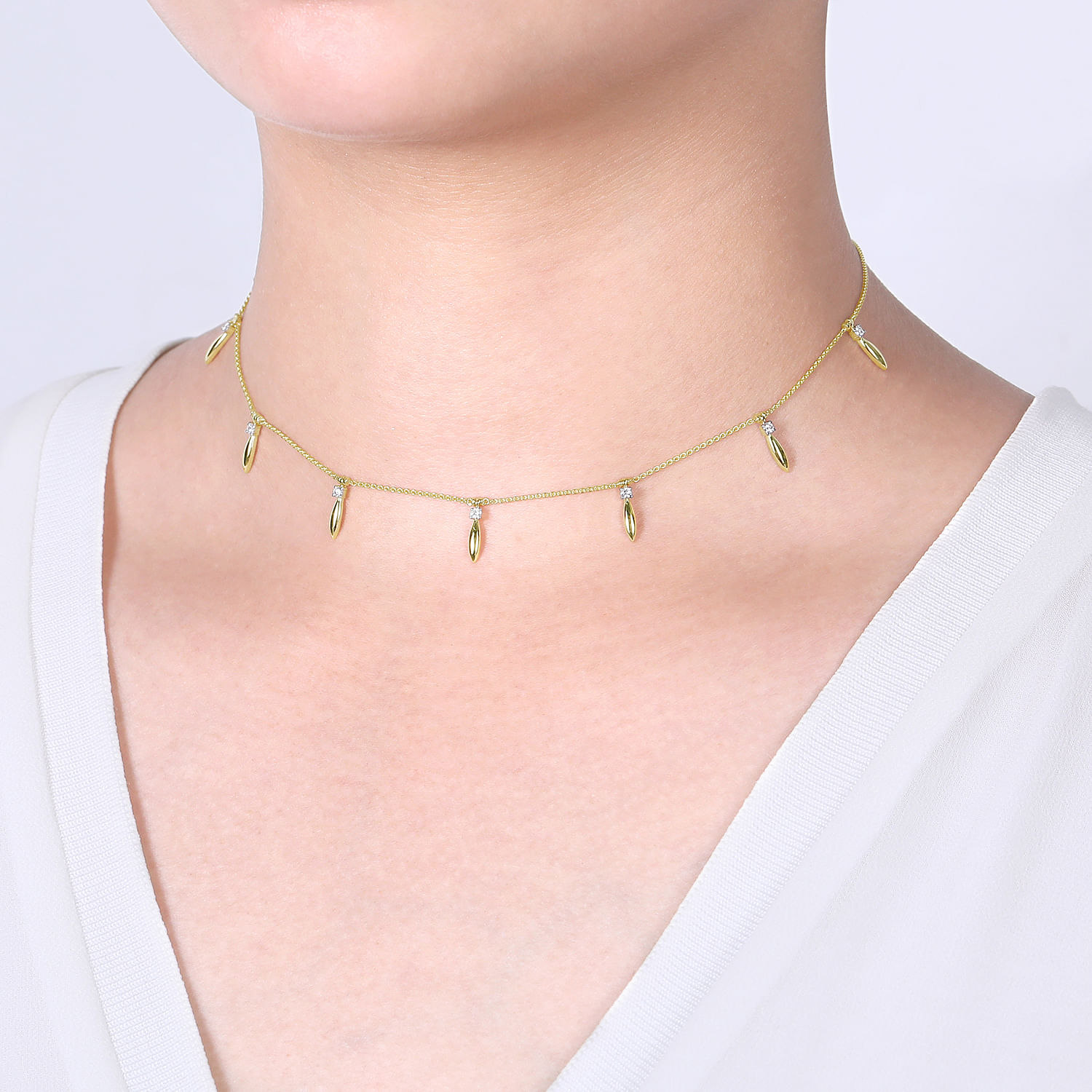 14K Yellow Gold Choker Necklace with Diamond and Spike Drops