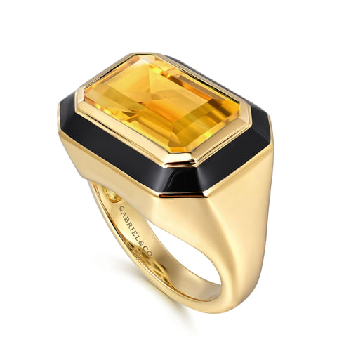 14K Yellow Gold Citrine Cocktail Ring with Black Enamel