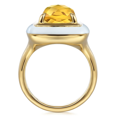 14K Yellow Gold Citrine Cocktail Ring with White Enamel