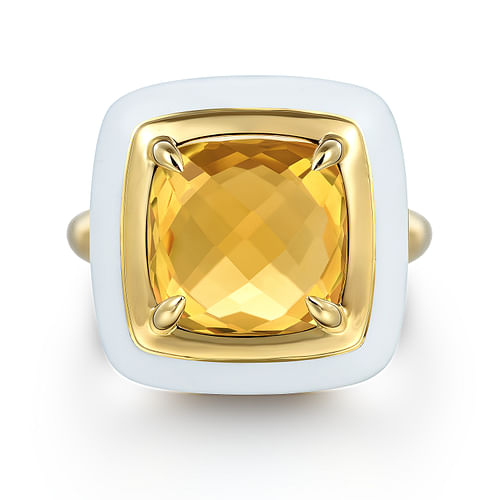 14K Yellow Gold Citrine Cushion Cut Ladies Ring With Flower Pattern J-Back and White Enamel