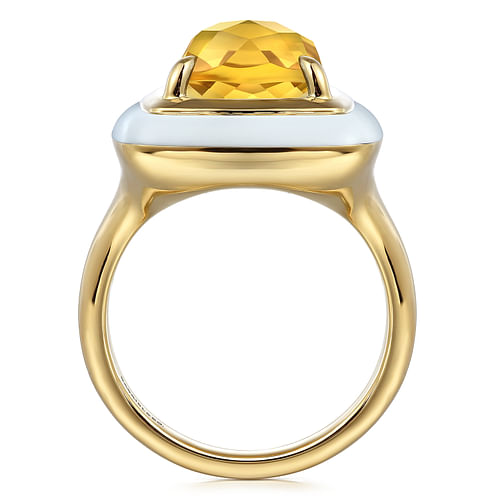 14K Yellow Gold Citrine Cushion Cut Ladies Ring With Flower Pattern J-Back and White Enamel