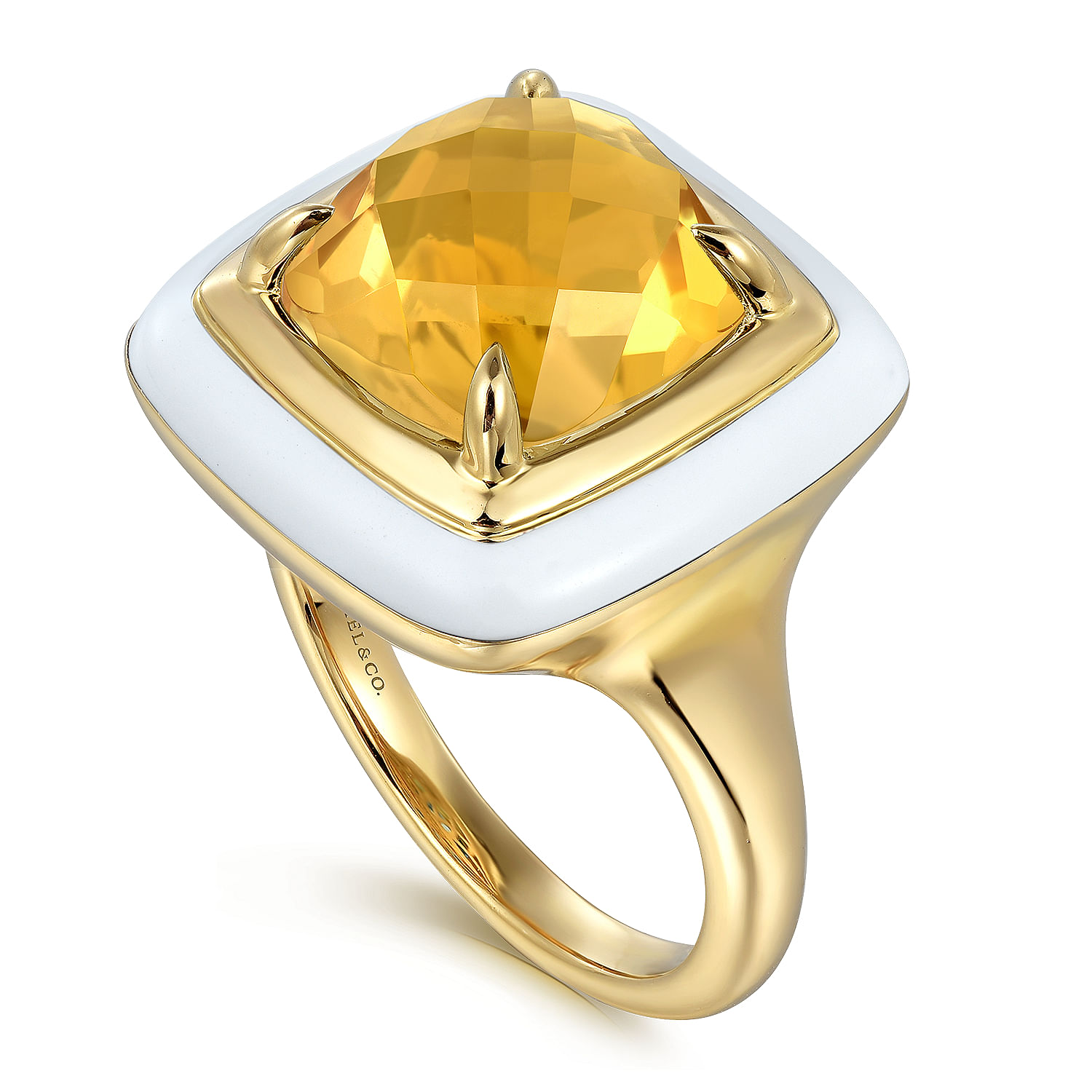 14K Yellow Gold Citrine Cushion Cut Ladies Ring With Flower Pattern J-Back and White Enamel