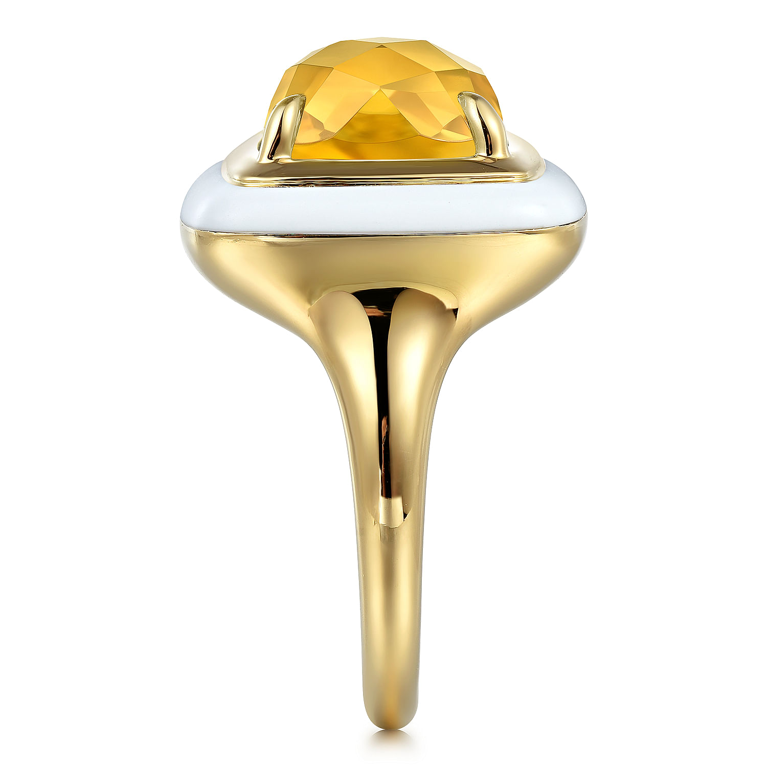 14K Yellow Gold Citrine Cushion Cut Ladies Ring With Flower Pattern J-Back and White Enamel